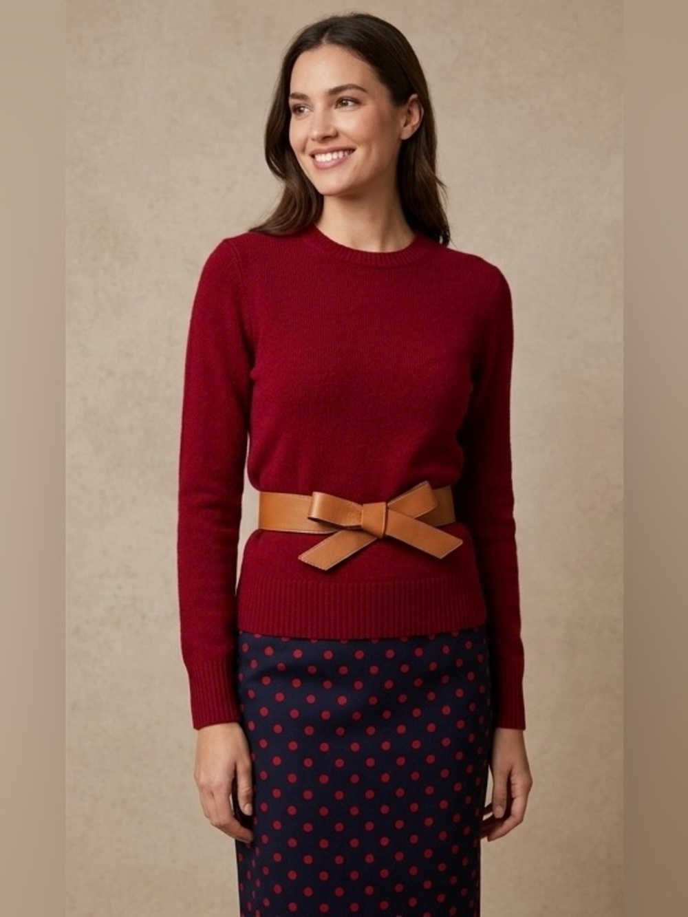 H&M Archive Navy & Red Polka Dot Pencil Skirt + Buttery Leather Bow Belt XS